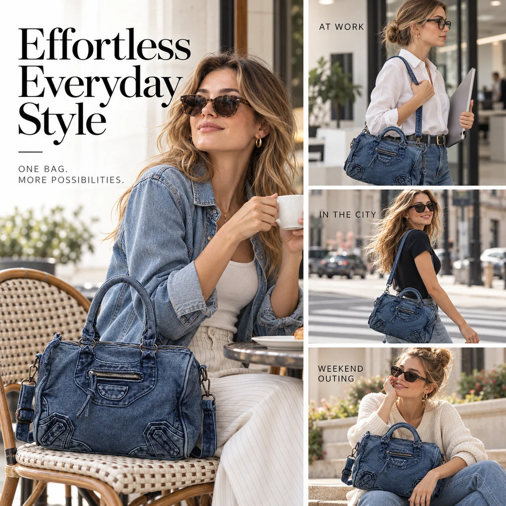 Custom Logo OEM ODM Private Label Low MOQ Denim Handbag Manufacturer BSCI Crossbody Washed Denim Boston Bag for Travel Daily