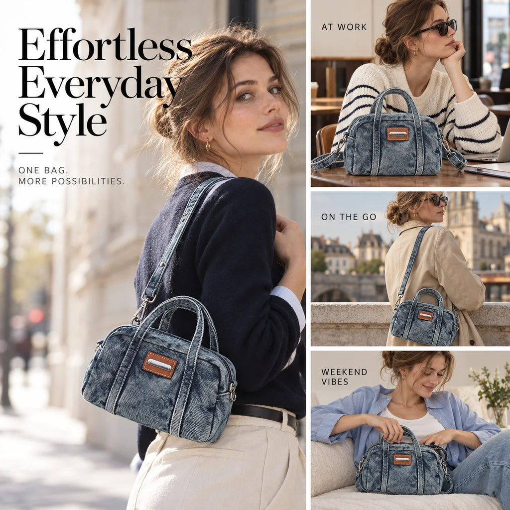 Custom Logo OEM ODM Private Label Low MOQ Denim Handbag Manufacturer BSCI Detachable Strap Washed Denim Mini Bag for Daily Use