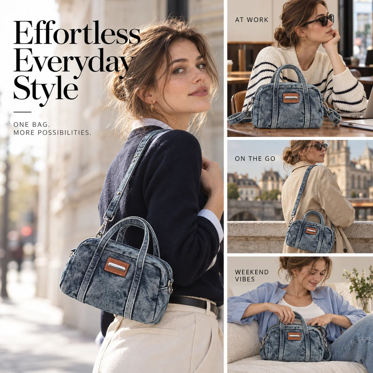 Custom Logo OEM ODM Private Label Low MOQ Denim Handbag Manufacturer BSCI Detachable Strap Washed Denim Mini Bag for Daily Use