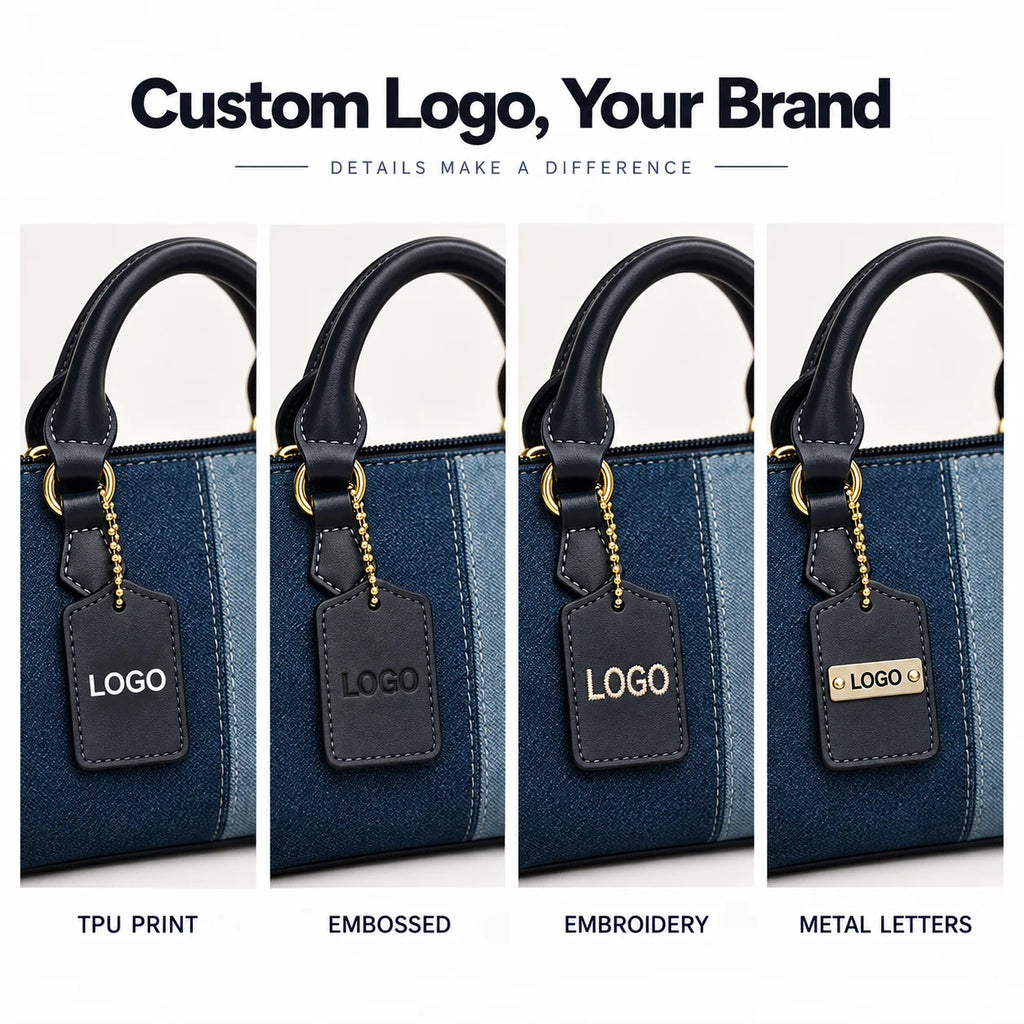Custom Logo OEM ODM Private Label Low MOQ Denim Handbag Manufacturer BSCI Two Tone Washed Denim Leather Trim Bag for Commuting