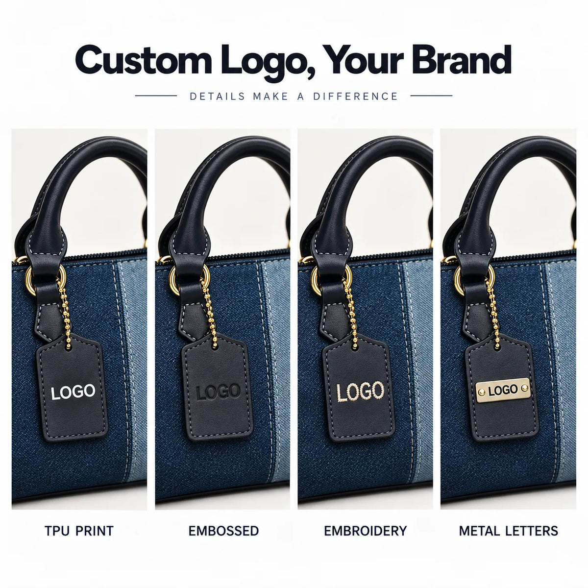 Custom Logo OEM ODM Private Label Low MOQ Denim Handbag Manufacturer BSCI Two Tone Washed Denim Leather Trim Bag for Commuting