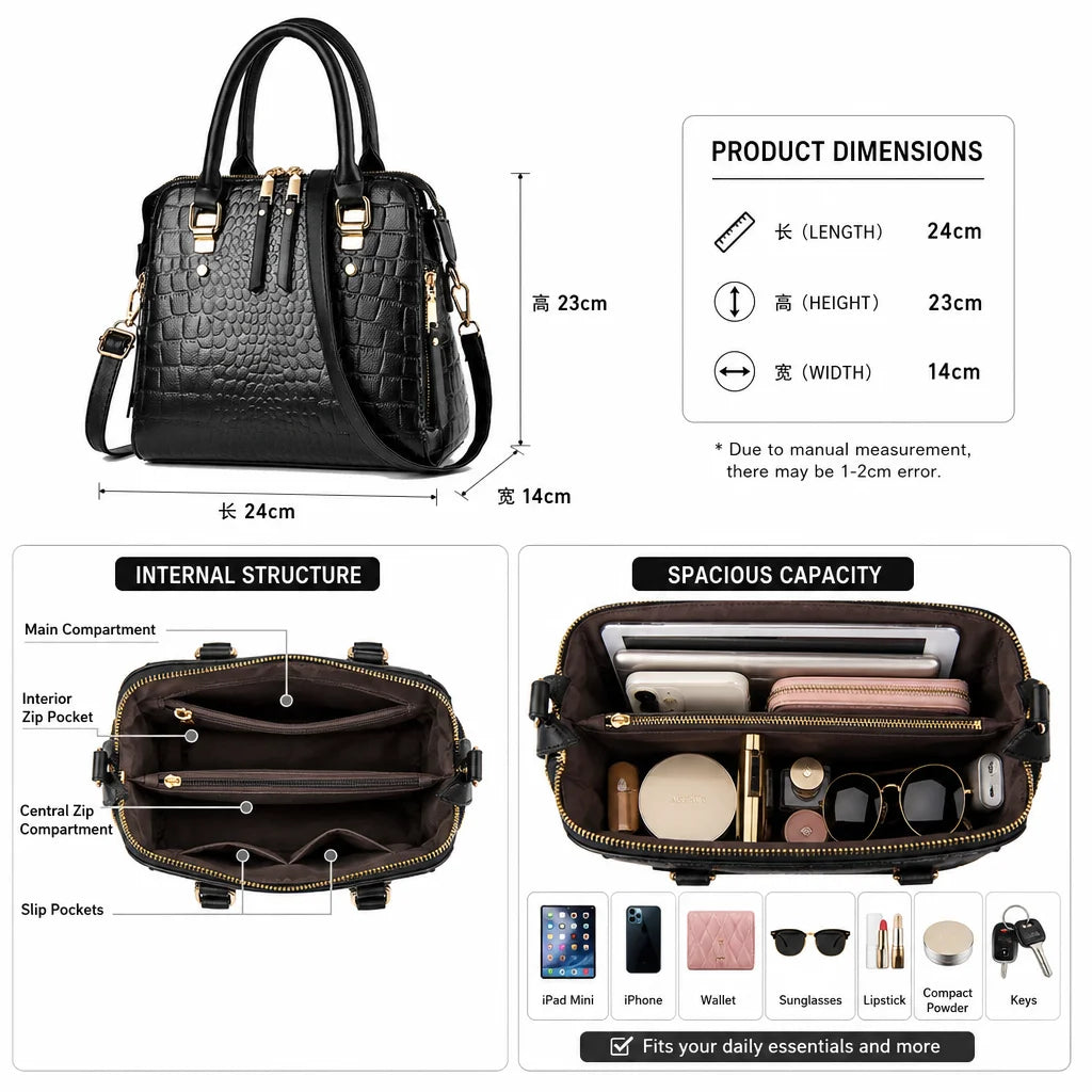 Custom Logo OEM ODM Private Label Low MOQ BSCI Factory Women Handbag Crocodile Embossed Elegant Shoulder Bag for Office Commute