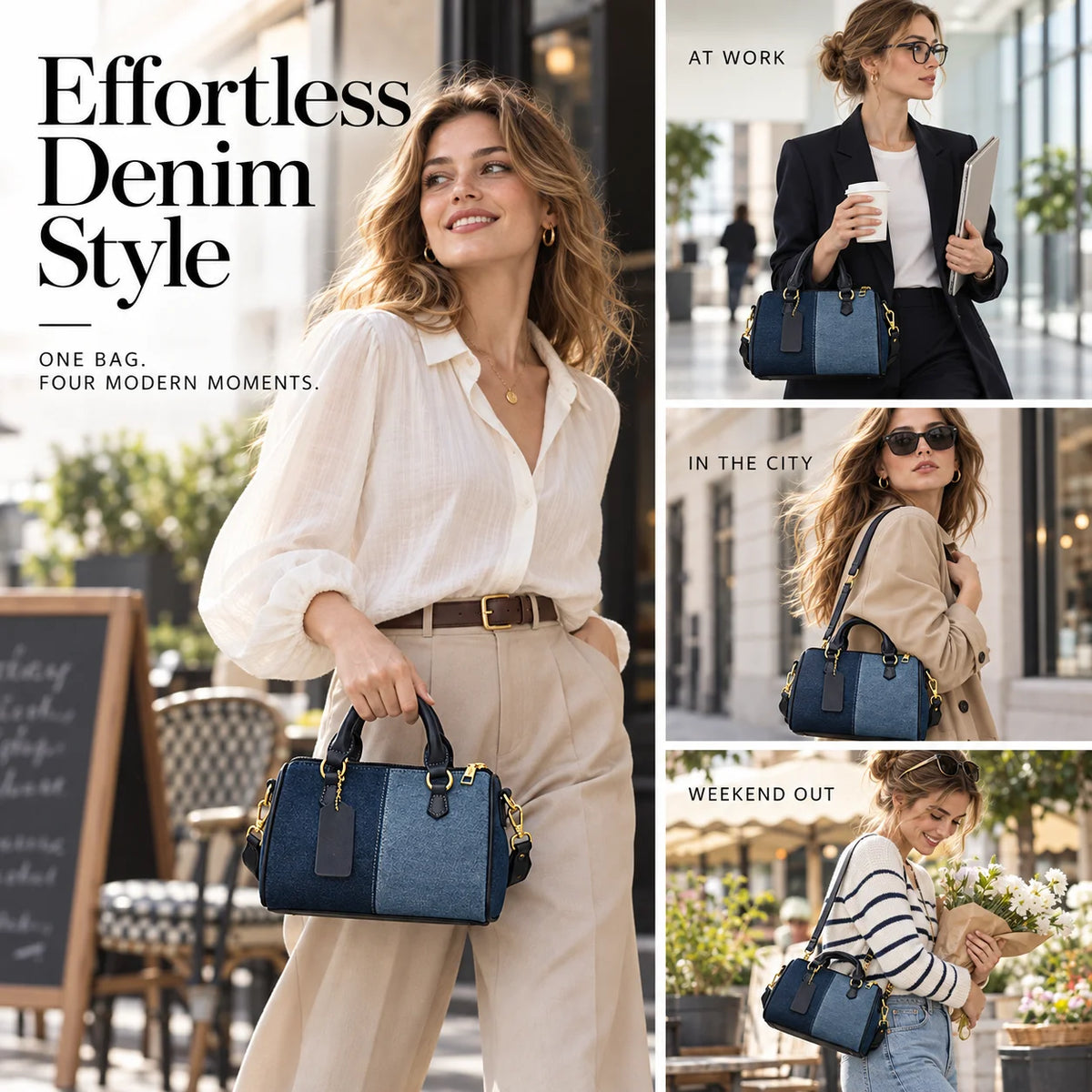 Custom Logo OEM ODM Private Label Low MOQ Denim Handbag Manufacturer BSCI Two Tone Washed Denim Leather Trim Bag for Commuting