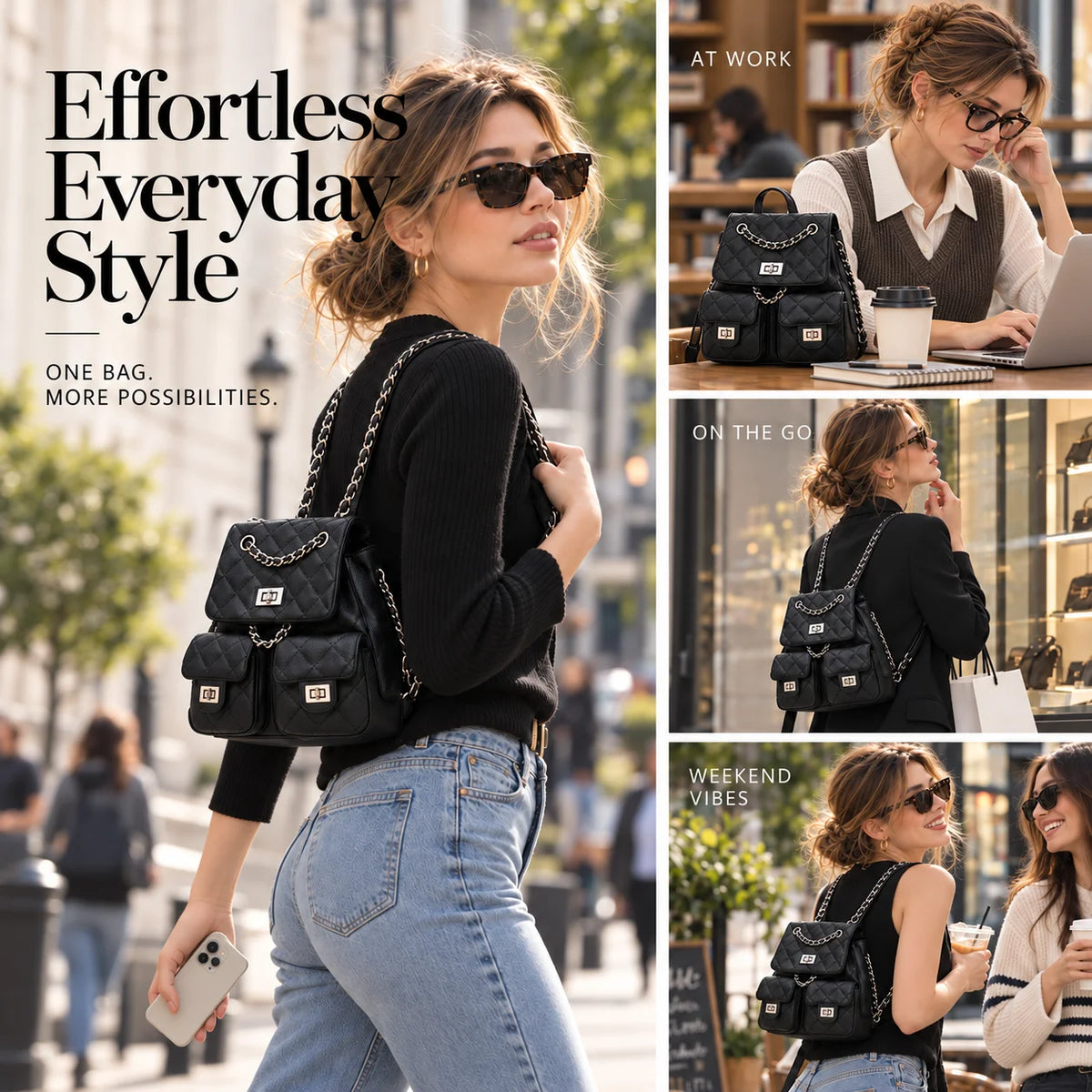 Custom Logo OEM ODM Quilted PU Leather Mini Backpack Chain Strap Turn Lock Chic Front Pockets Elegant for Women Work Travel