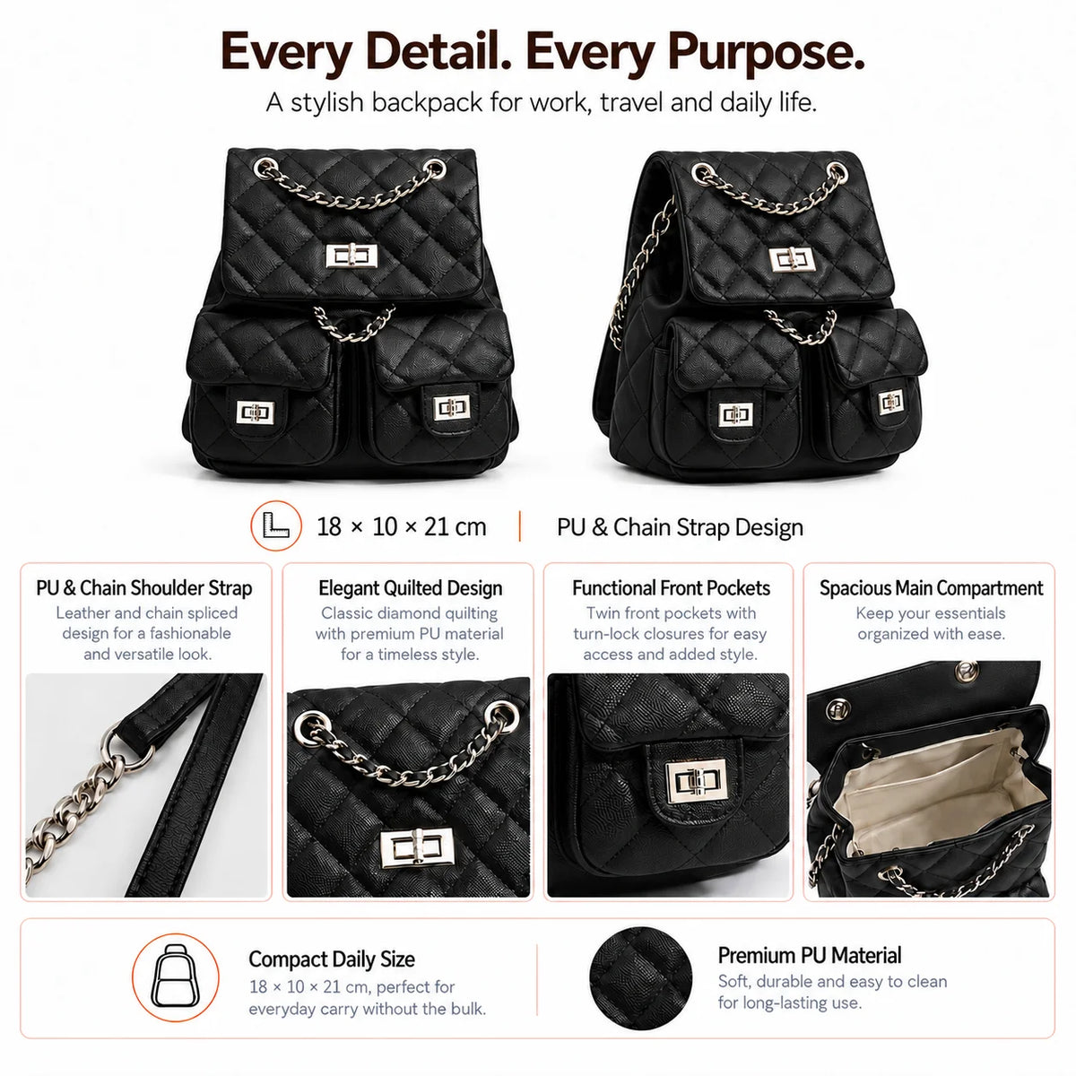 Custom Logo OEM ODM Quilted PU Leather Mini Backpack Chain Strap Turn Lock Chic Front Pockets Elegant for Women Work Travel