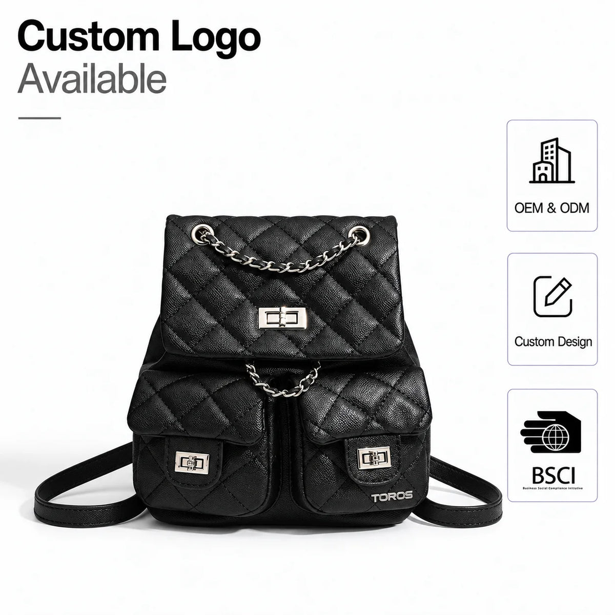 Custom Logo OEM ODM Quilted PU Leather Mini Backpack Chain Strap Turn Lock Chic Front Pockets Elegant for Women Work Travel