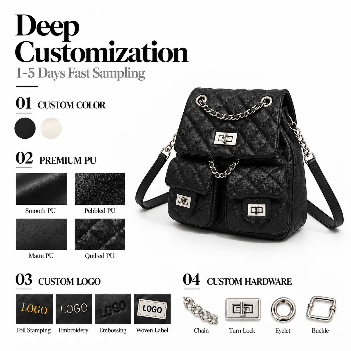 Custom Logo OEM ODM Quilted PU Leather Mini Backpack Chain Strap Turn Lock Chic Front Pockets Elegant for Women Work Travel