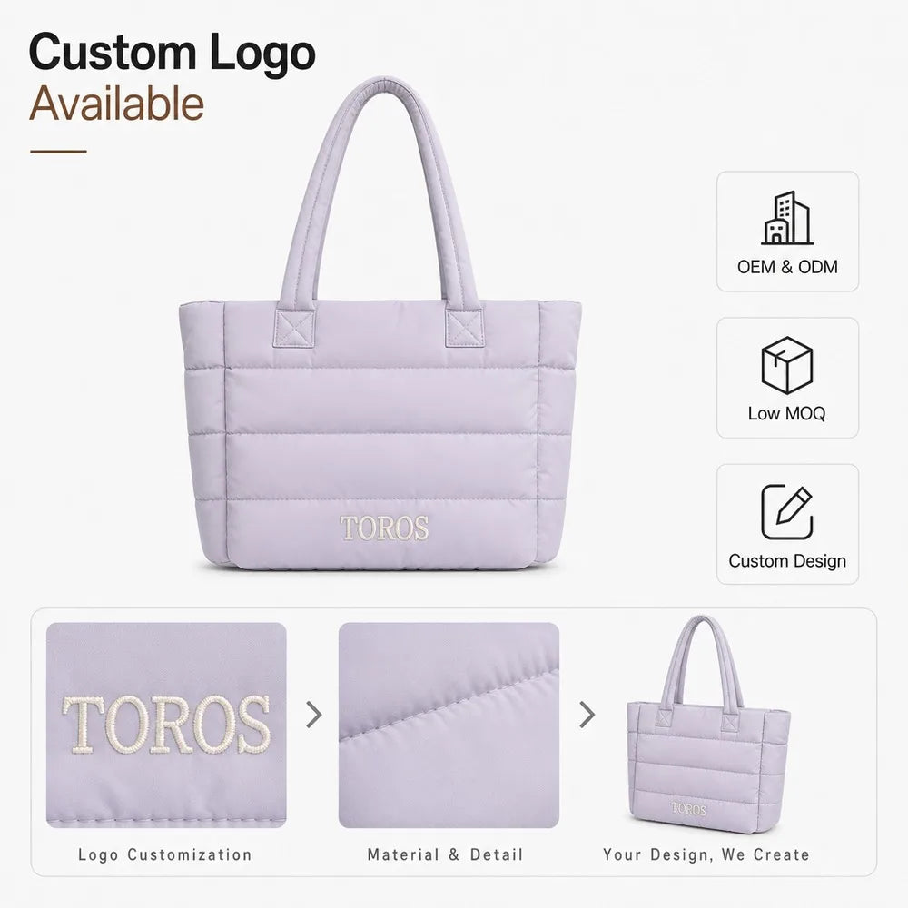Custom Logo OEM ODM Quilted Puffer Bucket Bag Waterproof Nylon Casual Handbag Two Straps Fitness Gym Beach Shopping Travel