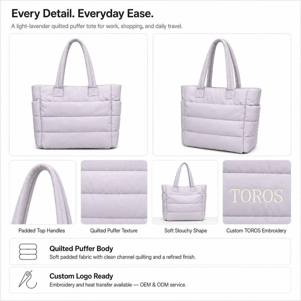 Custom Logo OEM ODM Quilted Puffer Bucket Bag Waterproof Nylon Casual Handbag Two Straps Fitness Gym Beach Shopping Travel
