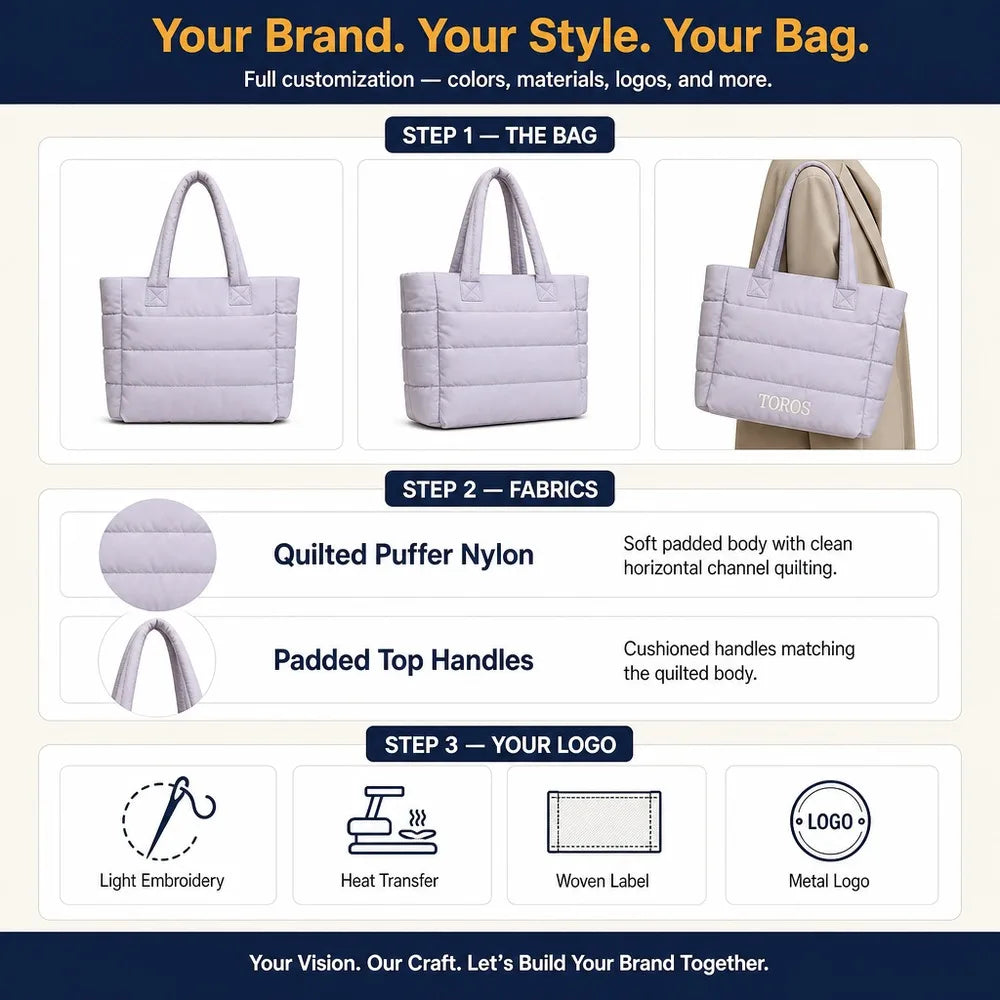 Custom Logo OEM ODM Quilted Puffer Bucket Bag Waterproof Nylon Casual Handbag Two Straps Fitness Gym Beach Shopping Travel