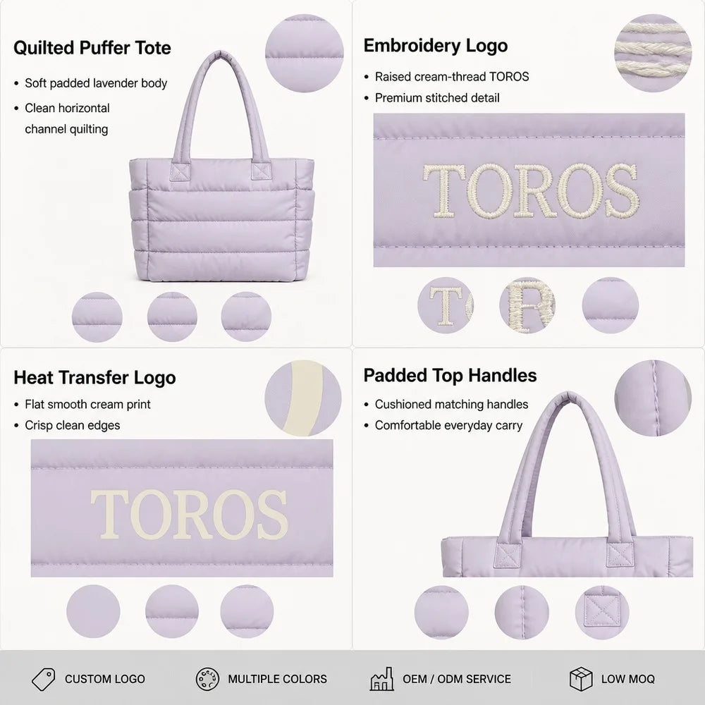 Custom Logo OEM ODM Quilted Puffer Bucket Bag Waterproof Nylon Casual Handbag Two Straps Fitness Gym Beach Shopping Travel