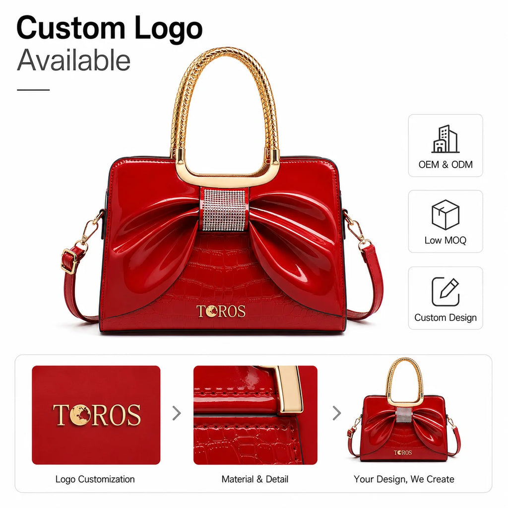 Custom Logo PU Croc-Embossed Top Handle Bag 3D Bow Rhinestone Center Gold Braided Handle OEM Bulk Order