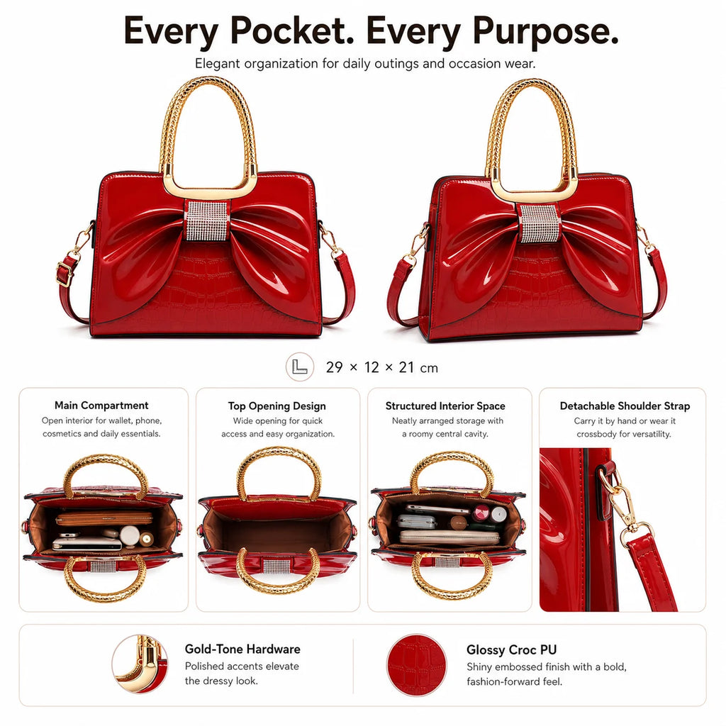 Custom Logo PU Croc-Embossed Top Handle Bag 3D Bow Rhinestone Center Gold Braided Handle OEM Bulk Order