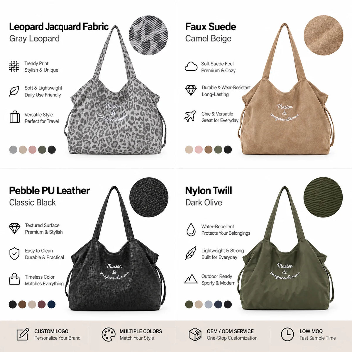 Custom Logo Print Leopard Canvas Tote Bag OEM ODM Slouchy Shoulder Shopper Long Strap Bulk Order