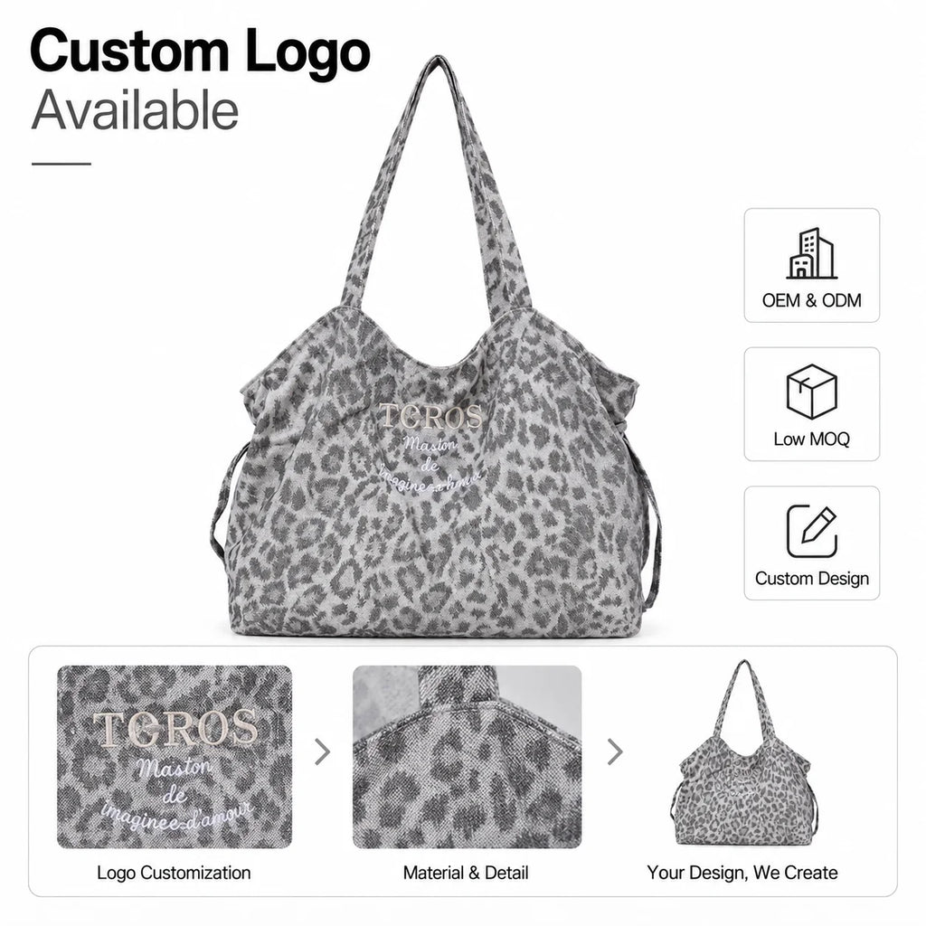 Custom Logo Print Leopard Canvas Tote Bag OEM ODM Slouchy Shoulder Shopper Long Strap Bulk Order