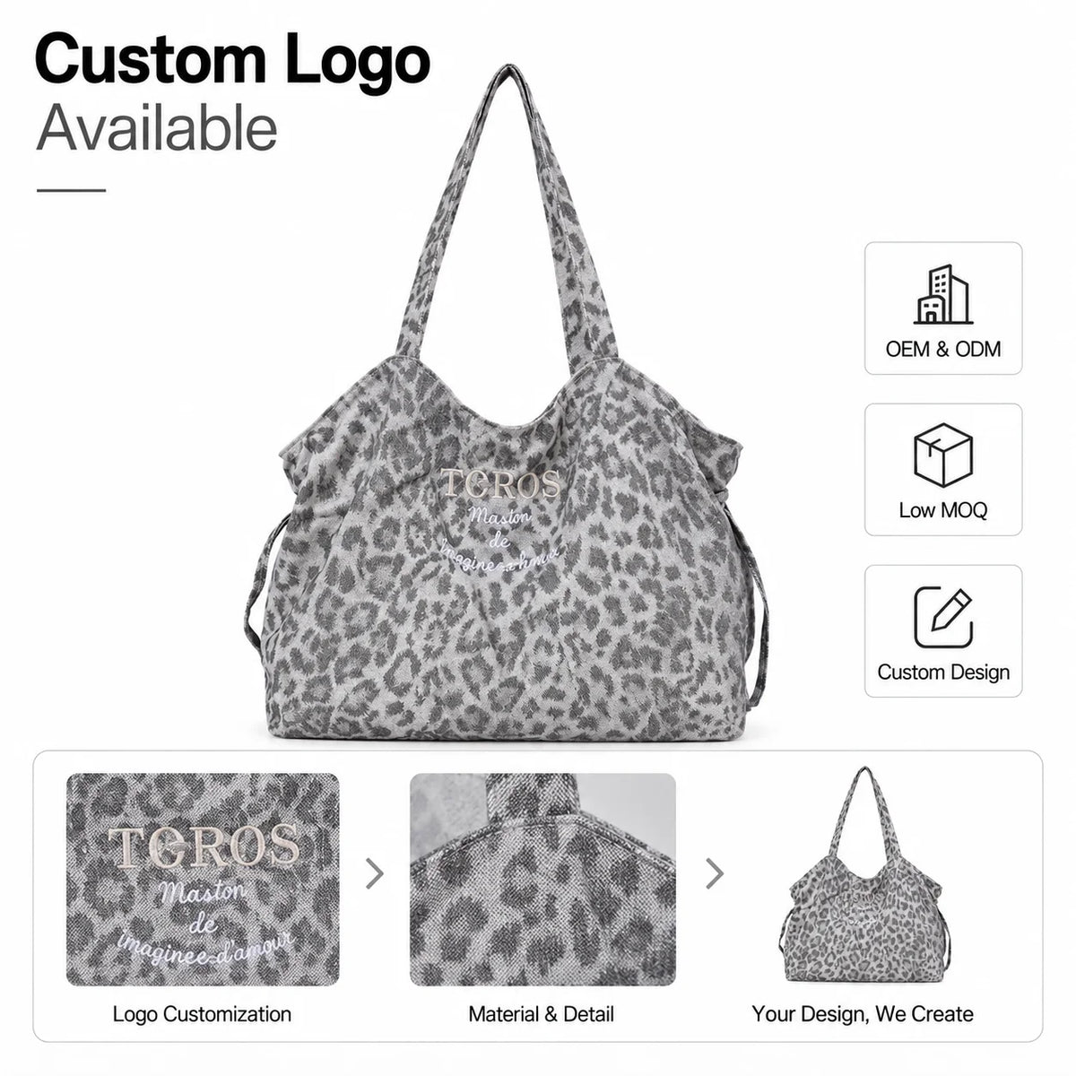 Custom Logo Print Leopard Canvas Tote Bag OEM ODM Slouchy Shoulder Shopper Long Strap Bulk Order