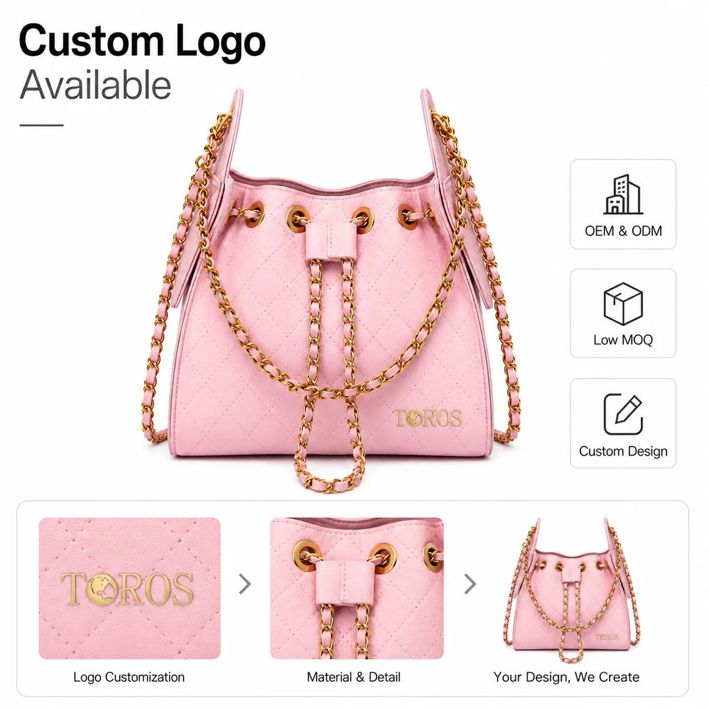 Custom Logo Quilted Drawstring Bucket Bag Metal Chain Shoulder Handbag Macaron Pink Diamond Lattice Purse OEM Wholesale
