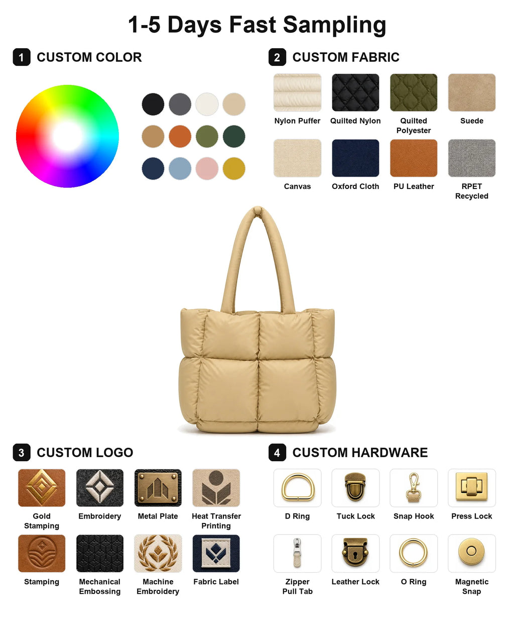 Custom Logo Quilted Puffer Tote Bag Women Padded Nylon Shoulder Handbag Casual Travel Shopping Wholesale OEM ODM Factory