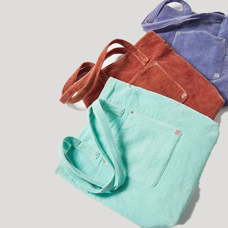 Custom Logo Soft Girl Casual Big Capacity Shopping Corduroy Tote Bag with Pocket