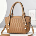 Custom Logo Tan Pebbled PU Trapeze Satchel Bag Top Handle Geometric Panel Decorative Straps Detachable Strap OEM Bulk Order