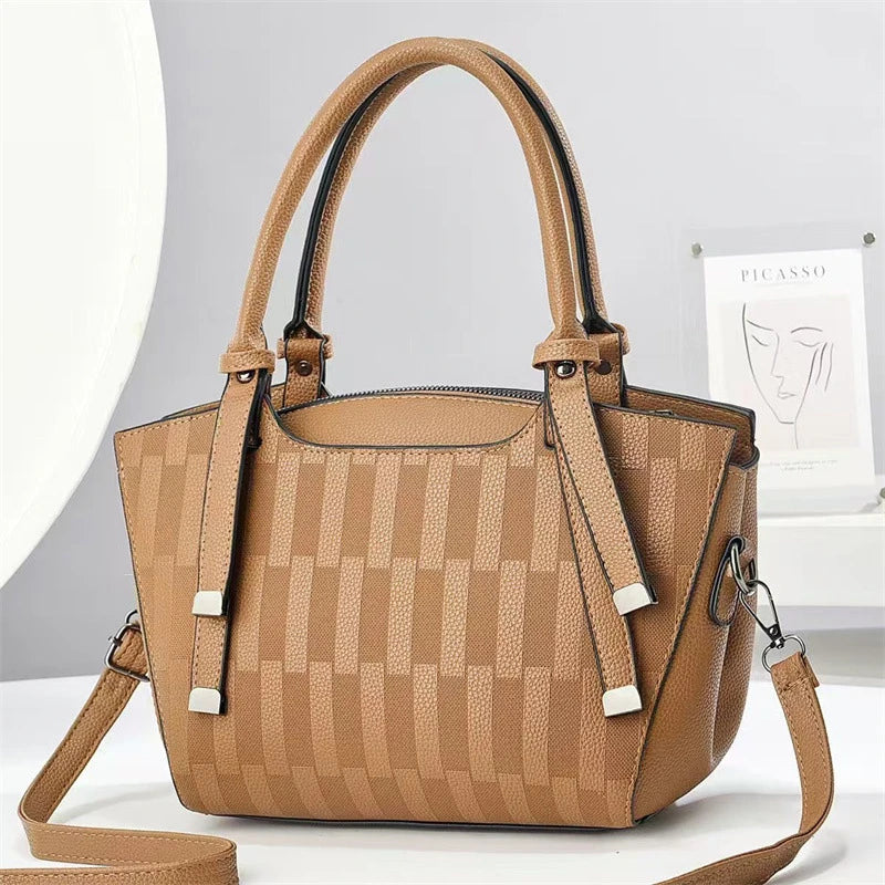 Custom Logo Tan Pebbled PU Trapeze Satchel Bag Top Handle Geometric Panel Decorative Straps Detachable Strap OEM Bulk Order