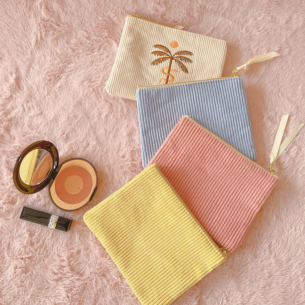 Custom Logo Travel Portable Striped Eco Friendly Corduroy Women Cosmetic Pouch