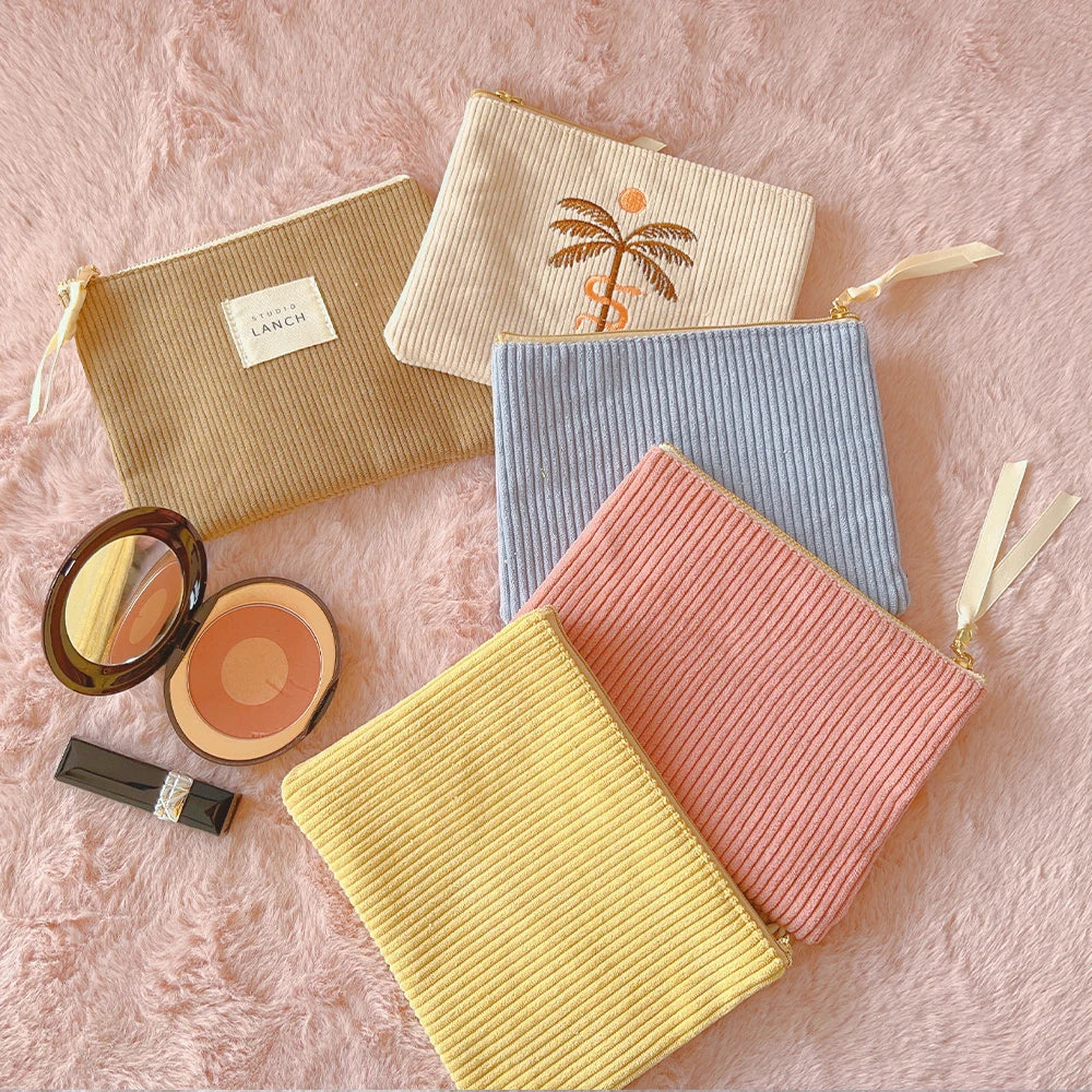 Custom Logo Travel Portable Striped Eco Friendly Corduroy Women Cosmetic Pouch