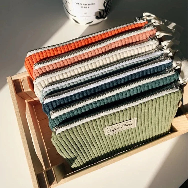 Custom Logo Travel Portable Striped Eco Friendly Corduroy Women Cosmetic Pouch