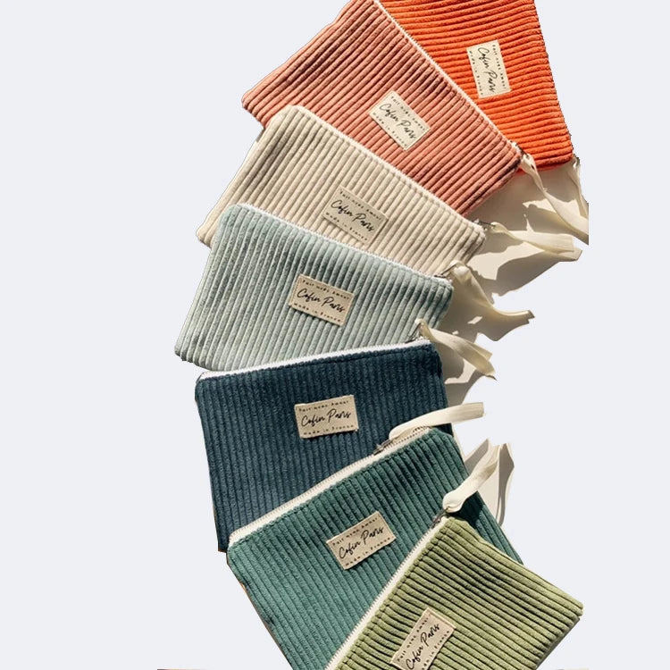 Custom Logo Travel Portable Striped Eco Friendly Corduroy Women Cosmetic Pouch