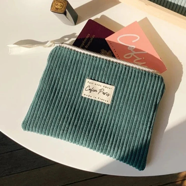 Custom Logo Travel Portable Striped Eco Friendly Corduroy Women Cosmetic Pouch