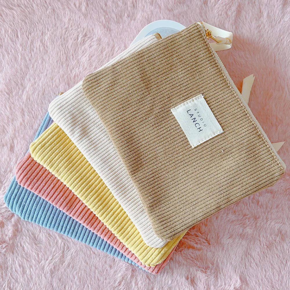 Custom Logo Travel Portable Striped Eco Friendly Corduroy Women Cosmetic Pouch