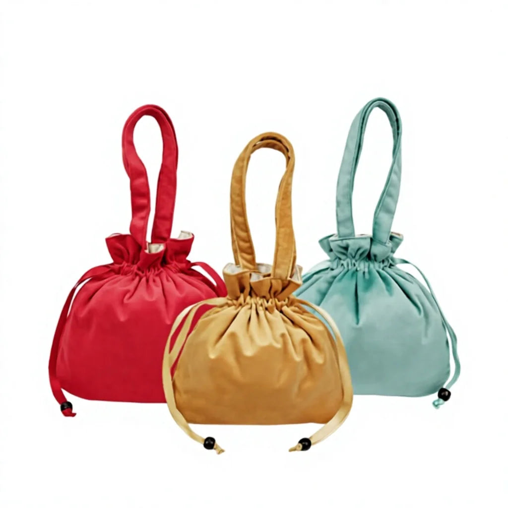 Custom Logo Velvet Drawstring Bag Custom Color Wooden Bead Closure with Handle Gift Pouch for Cosmetics Jewelry Packaging