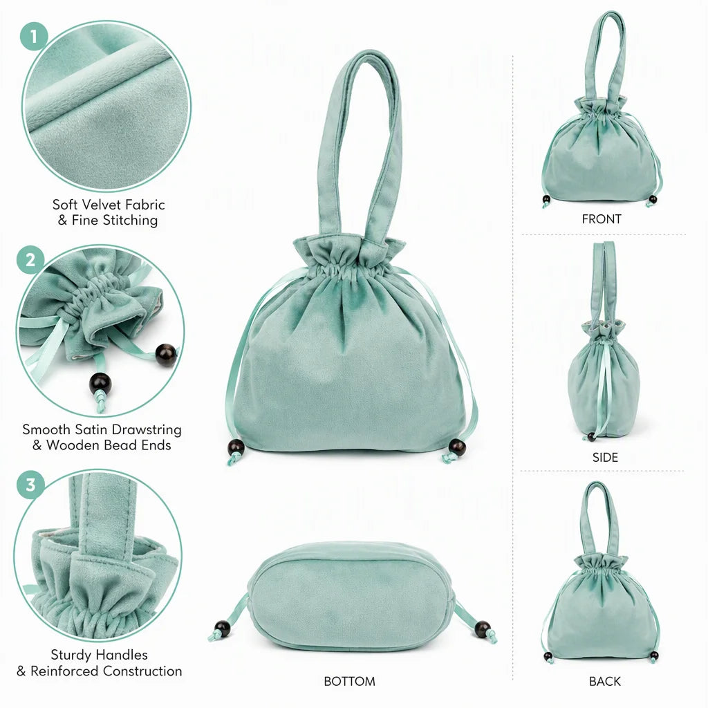 Custom Logo Velvet Drawstring Bag Custom Color Wooden Bead Closure with Handle Gift Pouch for Cosmetics Jewelry Packaging