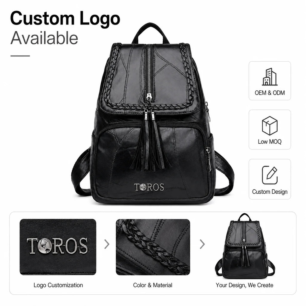 Custom Logo Vintage Women PU Leather Backpack Tassel Braided Trim Retro Patchwork Fashion Travel Bag Wholesale OEM/ODM