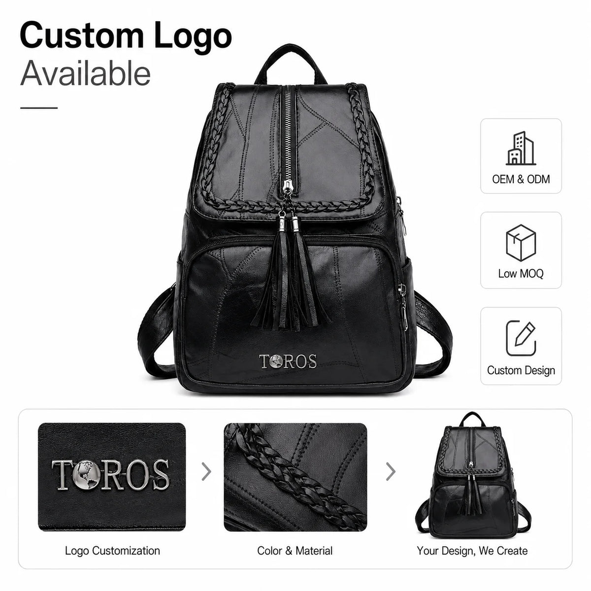Custom Logo Vintage Women PU Leather Backpack Tassel Braided Trim Retro Patchwork Fashion Travel Bag Wholesale OEM/ODM