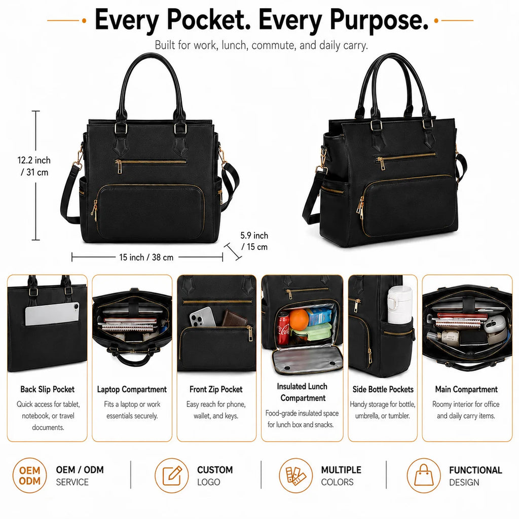 Custom Logo Women's Laptop Bag with Insulated Lunch Compartment Tote Office Bag Travel Handbag