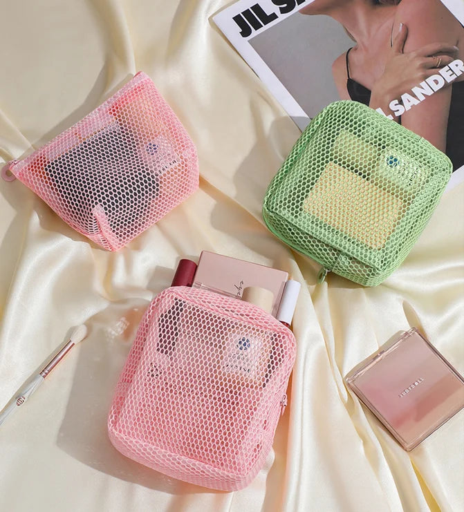 Custom Mesh Cosmetic Bag Portable Zipper Pouch Polyester Makeup Organizer Small Travel Wash Case