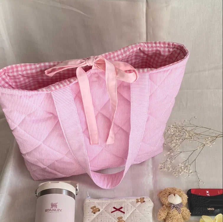 Custom Pink Plaid Tote Handbag Cute Quilted Tote Beach Bag Portable Recycled Cloth Tote Bag for Women
