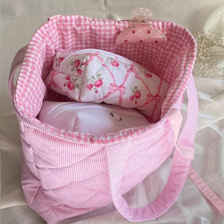 Custom Pink Plaid Tote Handbag Cute Quilted Tote Beach Bag Portable Recycled Cloth Tote Bag for Women