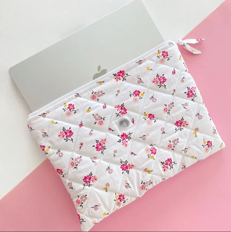 Custom Quilted Floral Laptop Sleeve Embroidered Computer Case Pouch Zippered Notebook Bag