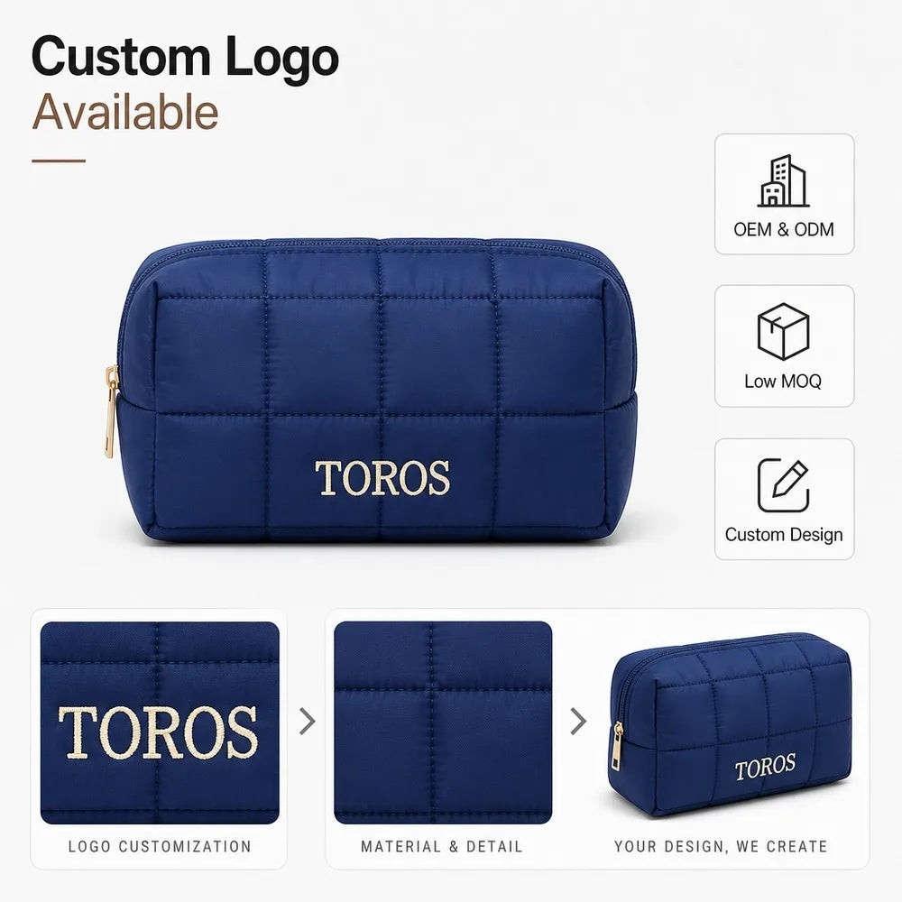 Custom Quilted Puffy Makeup Bag Washed Nylon Cloud Cosmetic Pouch Travel Toiletry Organizer OEM ODM Custom Logo