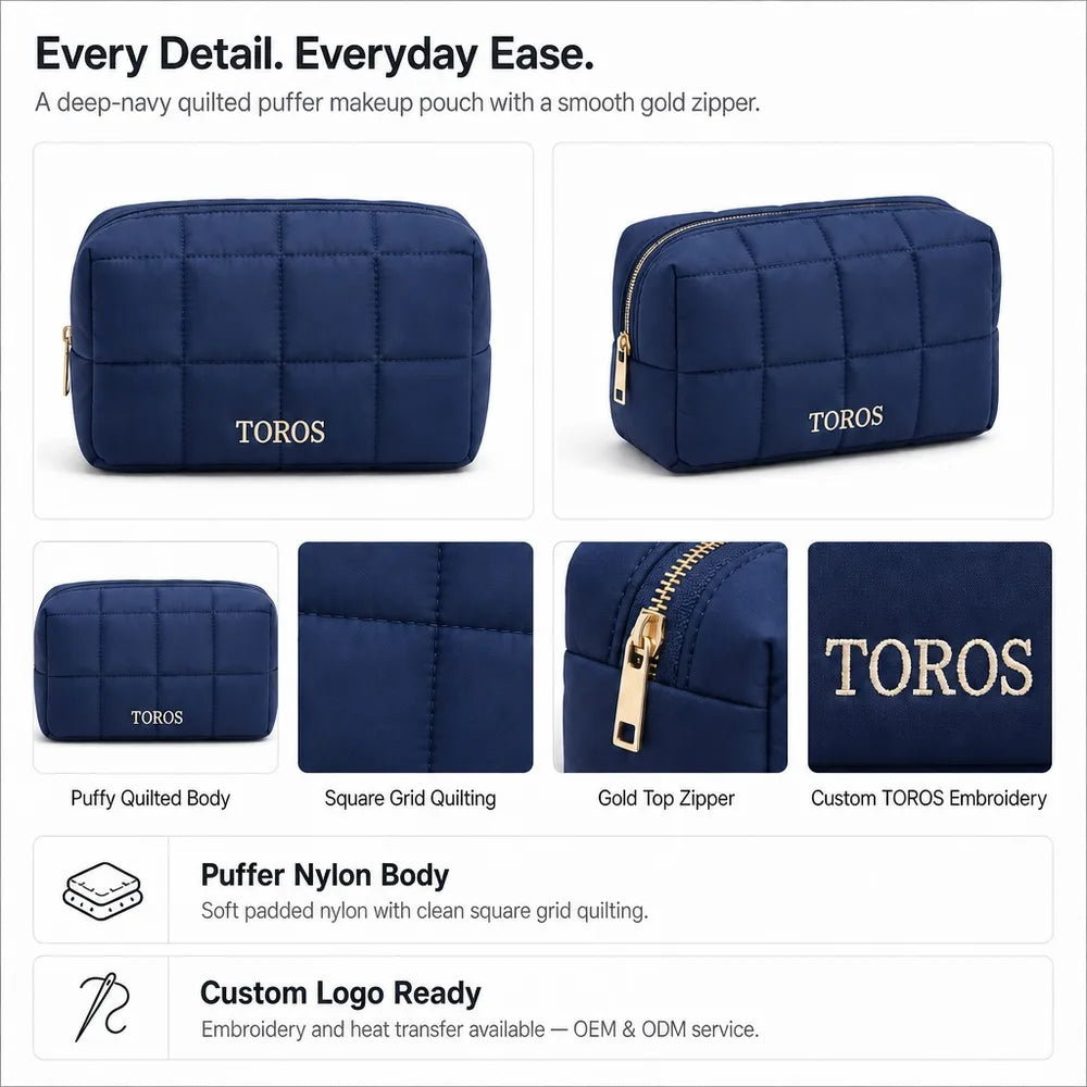 Custom Quilted Puffy Makeup Bag Washed Nylon Cloud Cosmetic Pouch Travel Toiletry Organizer OEM ODM Custom Logo