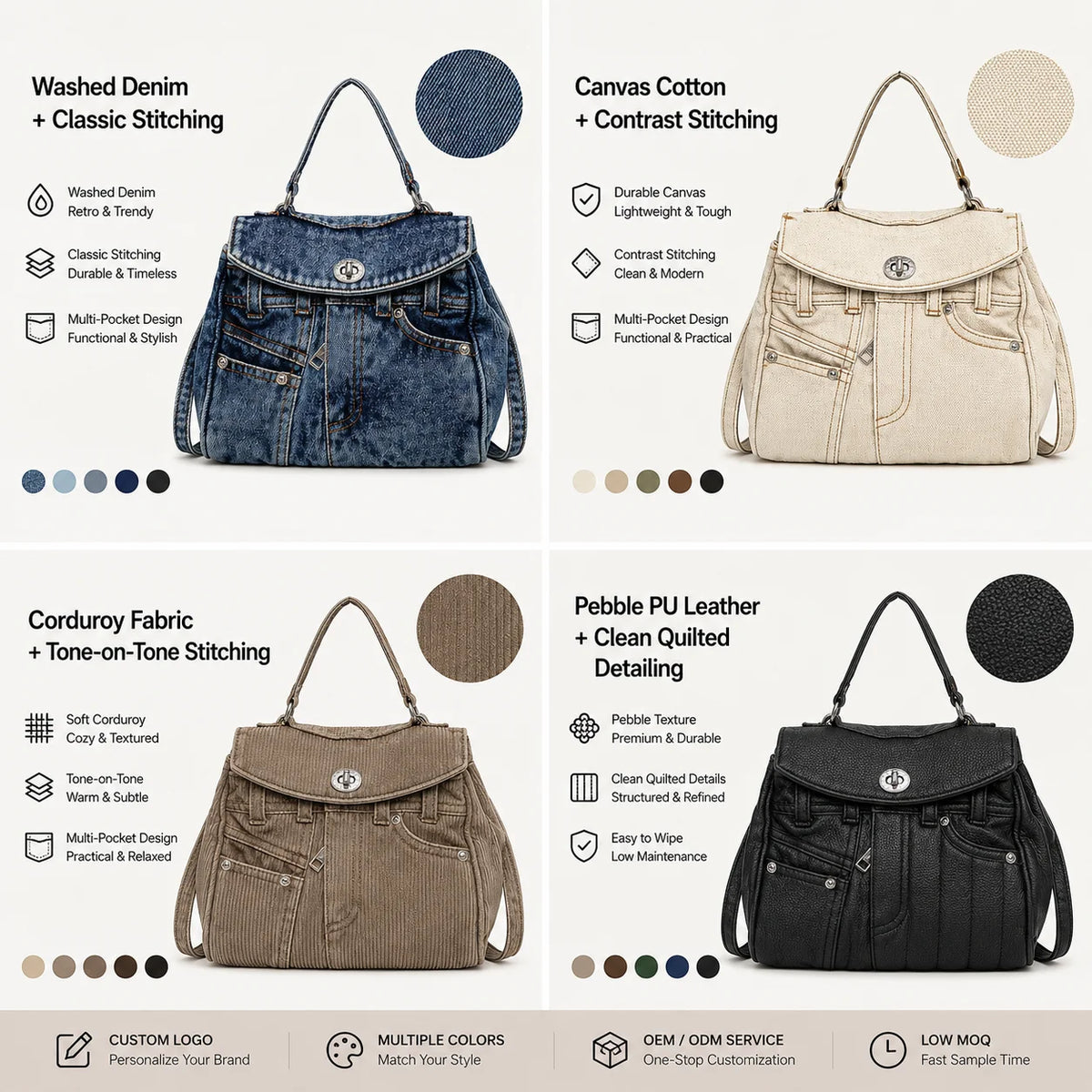 Custom Repurposed Jeans Style Denim Handbag Multi Pocket Satchel with Flap Twist Lock OEM ODM Custom Logo Low MOQ