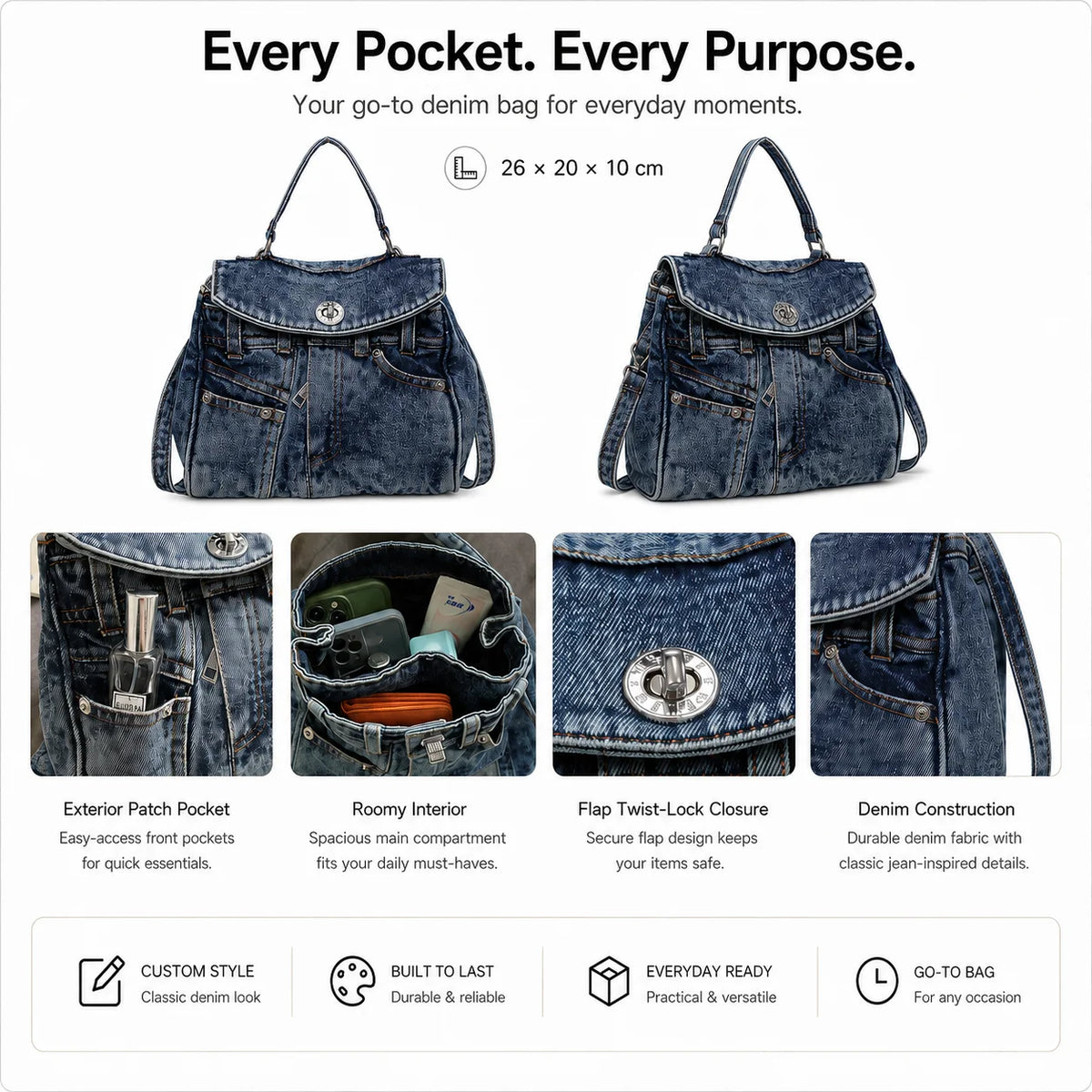 Custom Repurposed Jeans Style Denim Handbag Multi Pocket Satchel with Flap Twist Lock OEM ODM Custom Logo Low MOQ