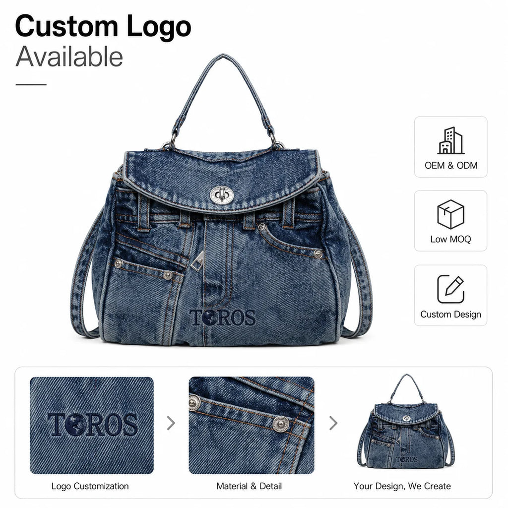 Custom Repurposed Jeans Style Denim Handbag Multi Pocket Satchel with Flap Twist Lock OEM ODM Custom Logo Low MOQ