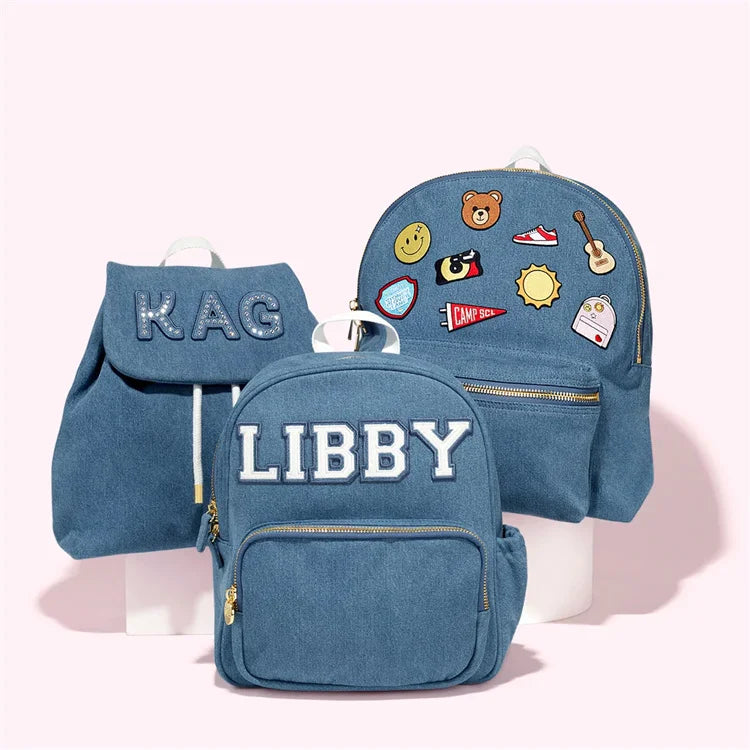 Custom Resistant Adjustable Shoulder Casual Sports Kids Blue Denim Backpacks