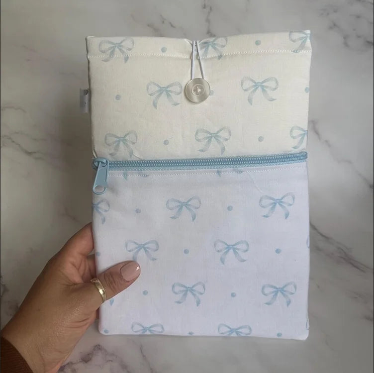 Custom Size Book Sleeve Handmade Cotton Padded Book Pouch Soft Zipper Blue Gingham Book Cover