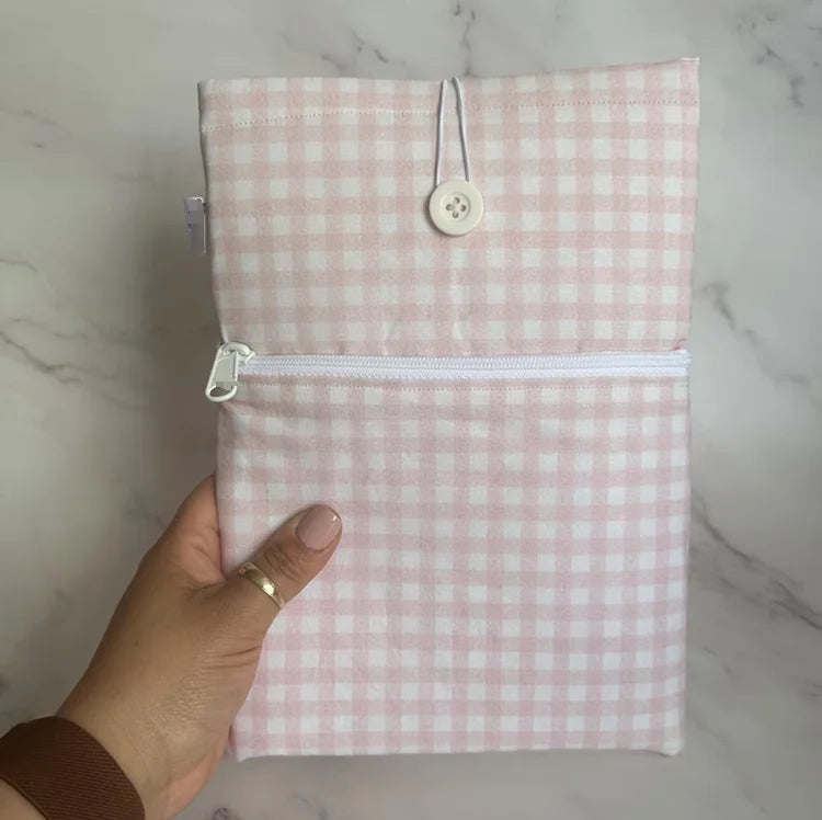 Custom Size Book Sleeve Handmade Cotton Padded Book Pouch Soft Zipper Blue Gingham Book Cover