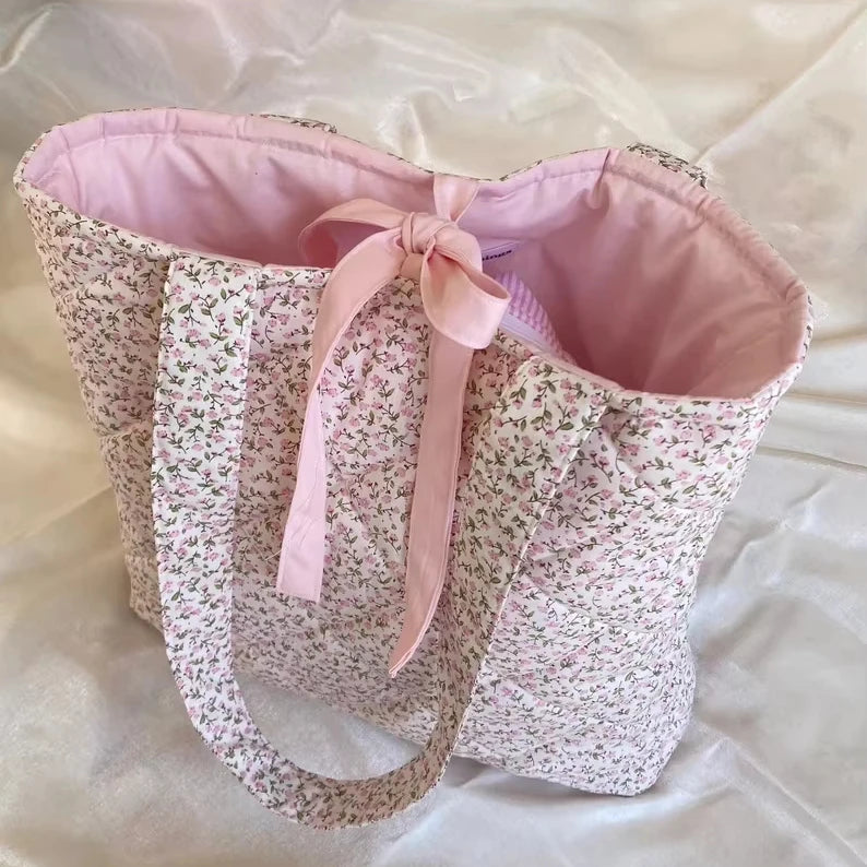 Custom Size Logo Women Ladies Floral Print Cotton Padded Quilted Lace-up Closure Tote Shoulder Bag Totebag with Plaid Lining