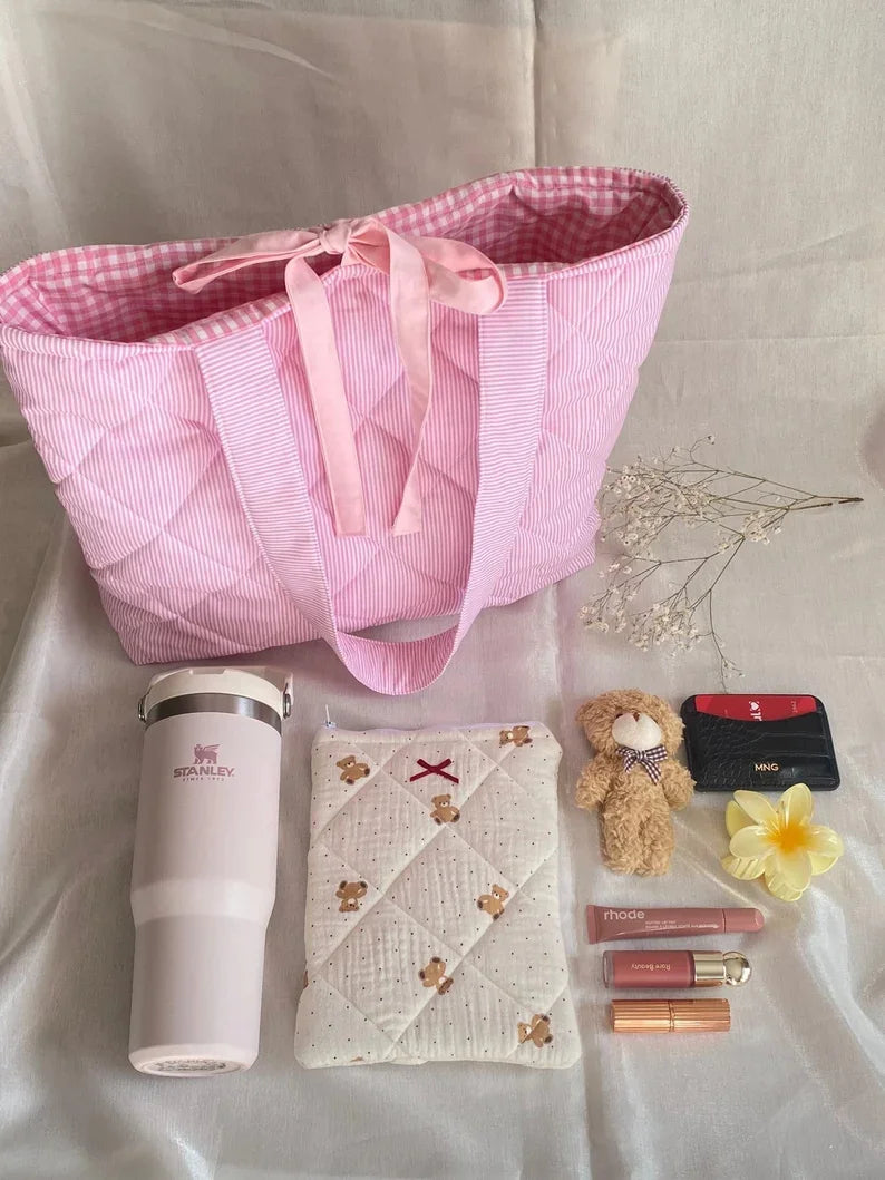 Custom Size Logo Women Ladies Floral Print Cotton Padded Quilted Lace-up Closure Tote Shoulder Bag Totebag with Plaid Lining